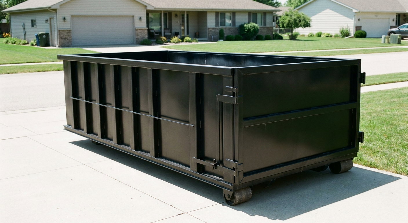 Matte-black 10-yard roll-off dumpster on a residential concrete driveway in Pensacola, uniformly painted matte black across every panel and rail, ribbed steel sidewalls and rear swing door visible, mid-day daylight.