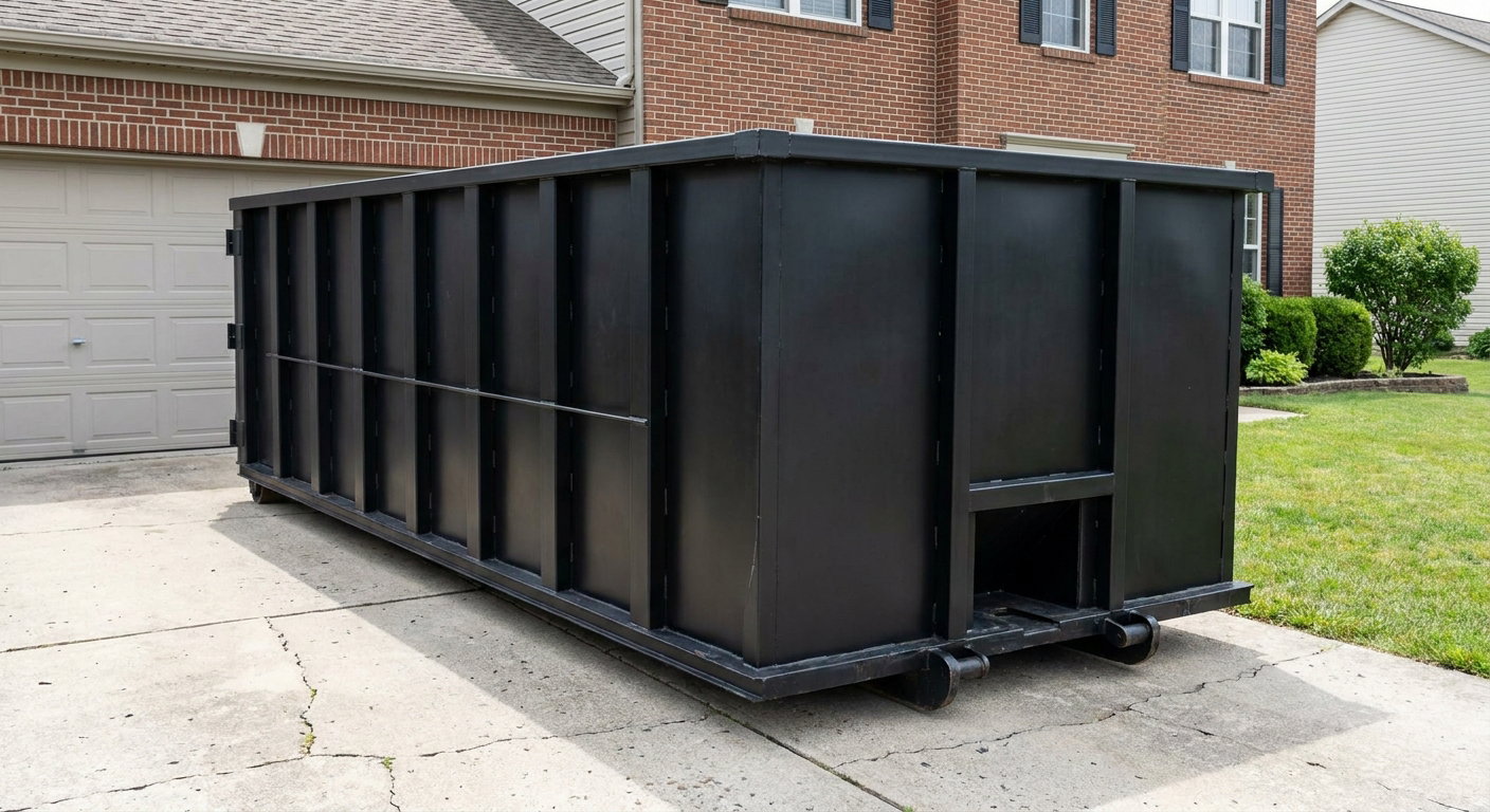 Matte-black 20-yard roll-off container on a Pensacola residential concrete driveway with reinforced ribbed steel sidewalls and a hinged rear walk-in door, clean bright daylight.