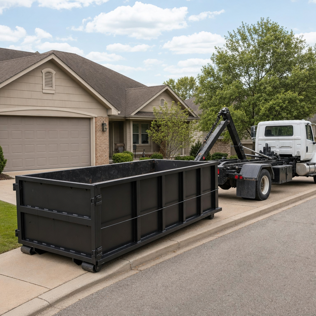 Wide documentary shot of a matte-black roll-off dumpster on a Pensacola residential driveway in the foreground and a contractor jobsite container in the soft-focus background, bright daylight, calm and orderly composition.